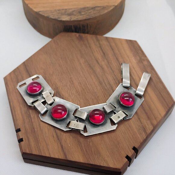 Modernist Signed MEK Sterling Link Bracelet w/Red Glass Cabochon Stones 44.5g - Picture 1 of 11